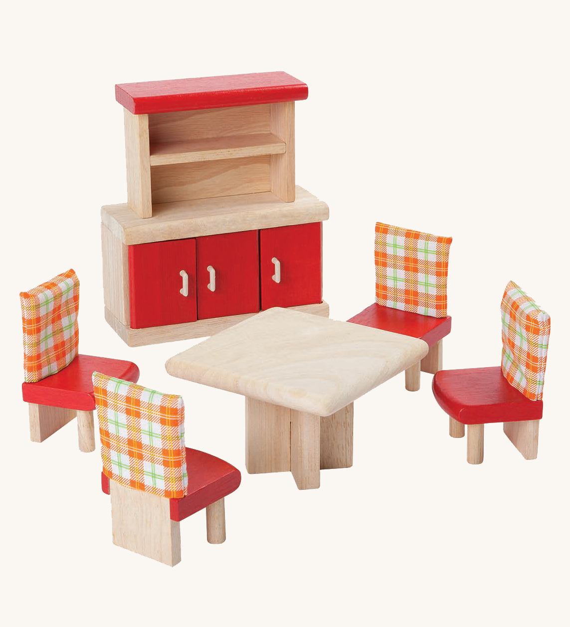 Plan Toys Dolls House Dining Room furniture set on a plain background. 