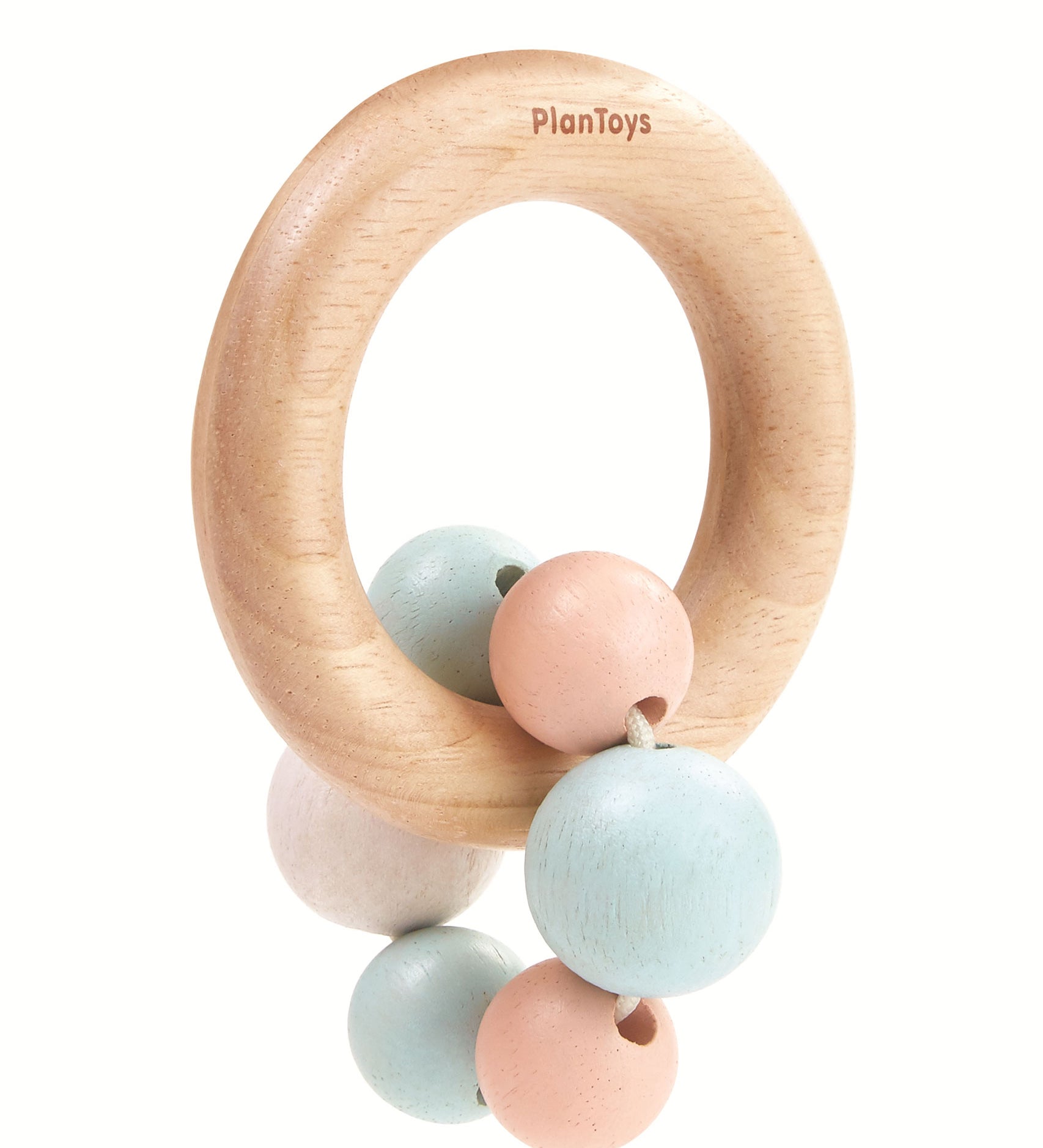 The PlanToys Pastel Beads Rattle on a plain background. 