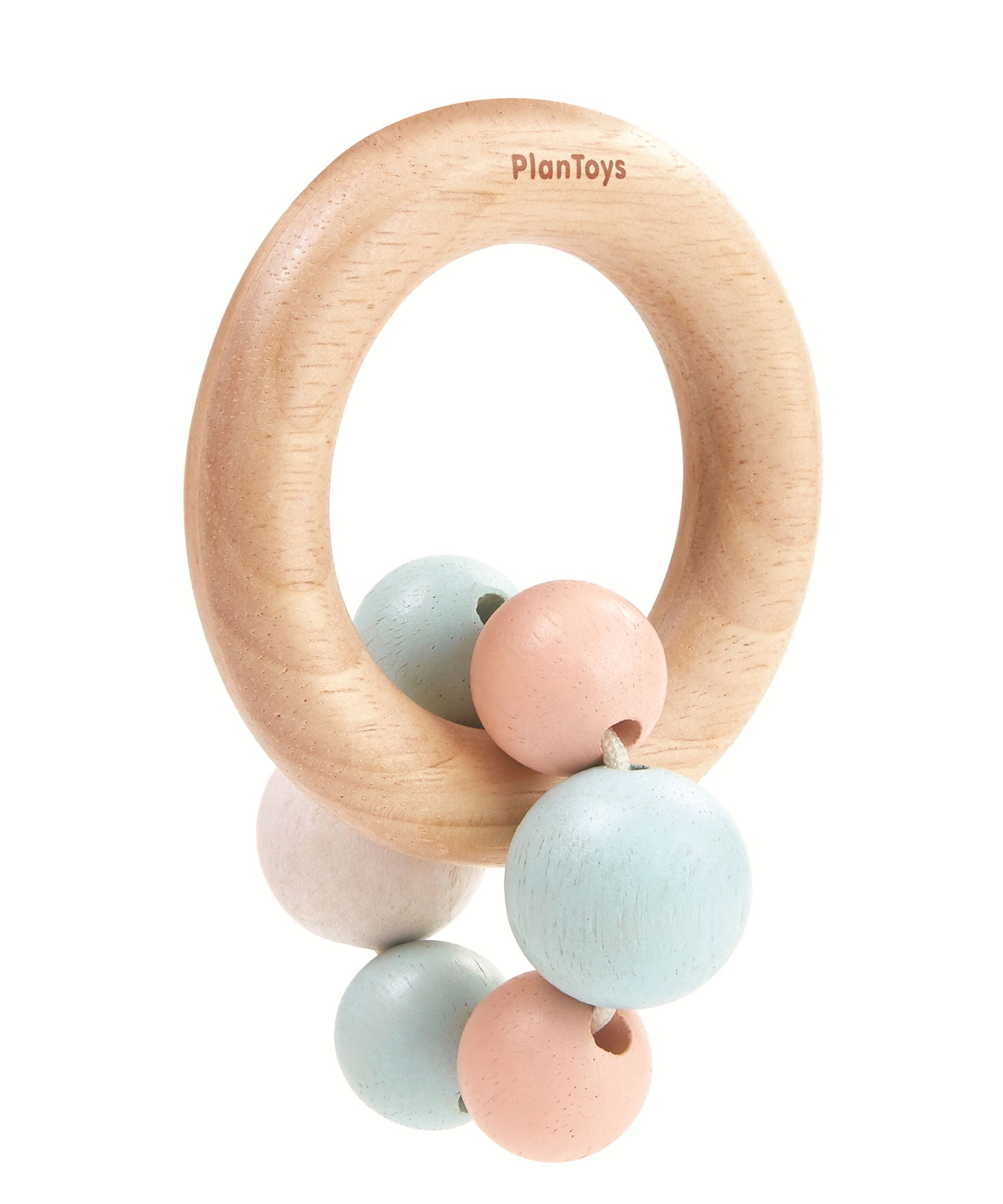 The PlanToys Pastel Beads Rattle on a plain background. 