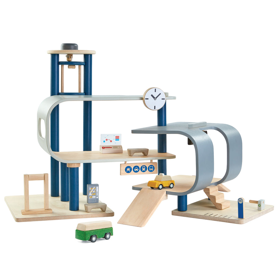 PlanToys children's plastic-free wooden central station set on a white background