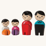 PlanToys PlanWorld White Skin, Black Hair Family toy figures on a plain background. 