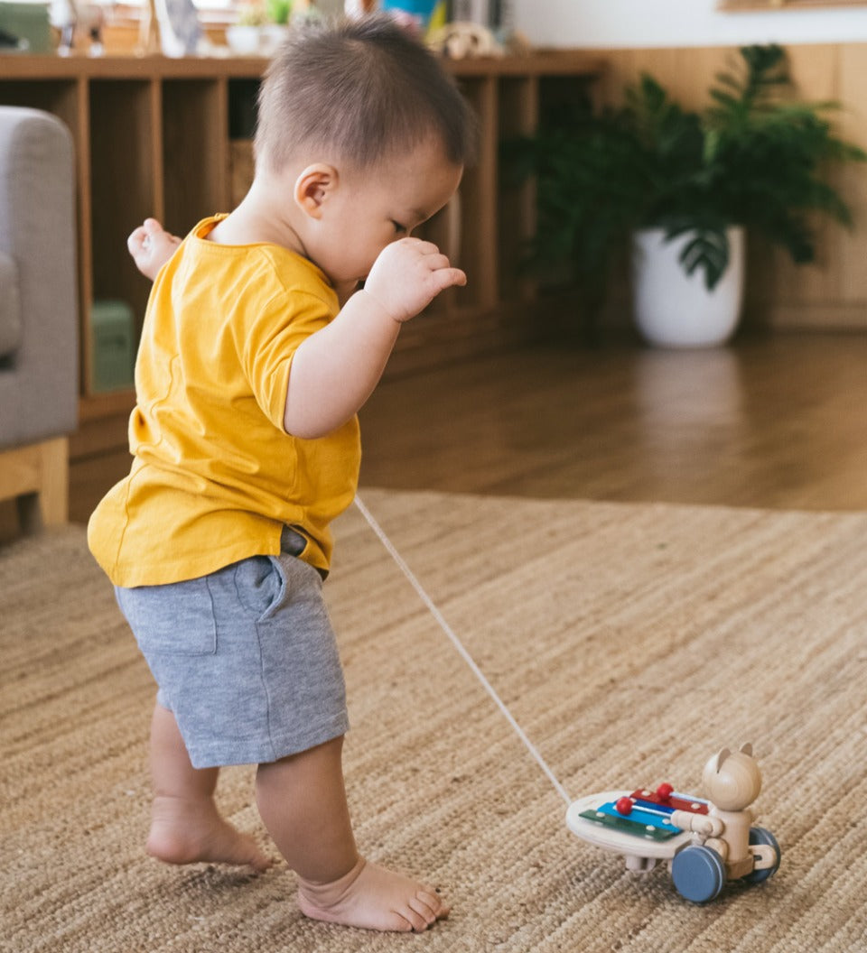 Child walking backwards on a beige carpet pulling the PlanToys wooden musical xylophone bear toy