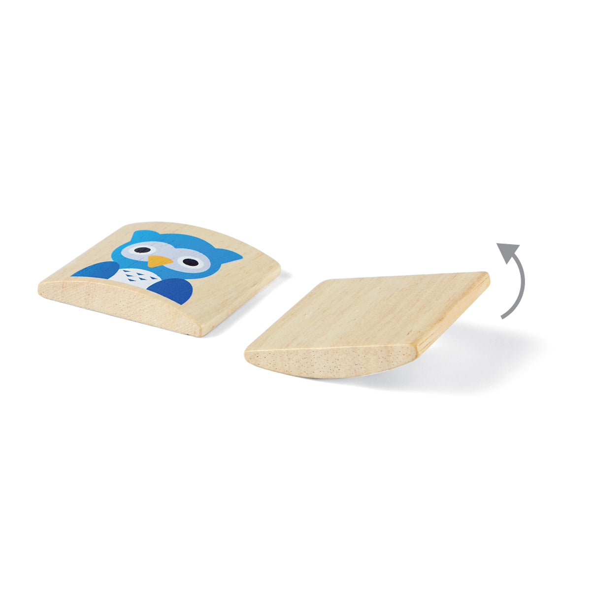 Infographic showing how pieces of the PlanToys kids wooden memory game can be flipped over using their curved design.