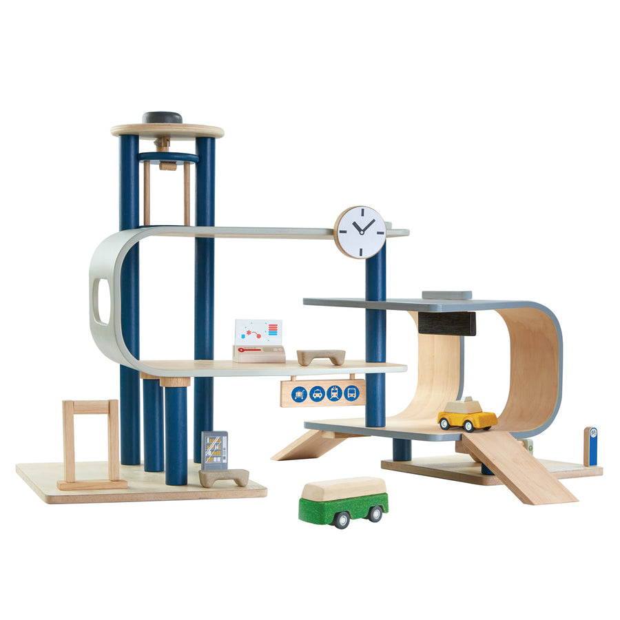 PlanToys children's plastic-free wooden central station set on a white background