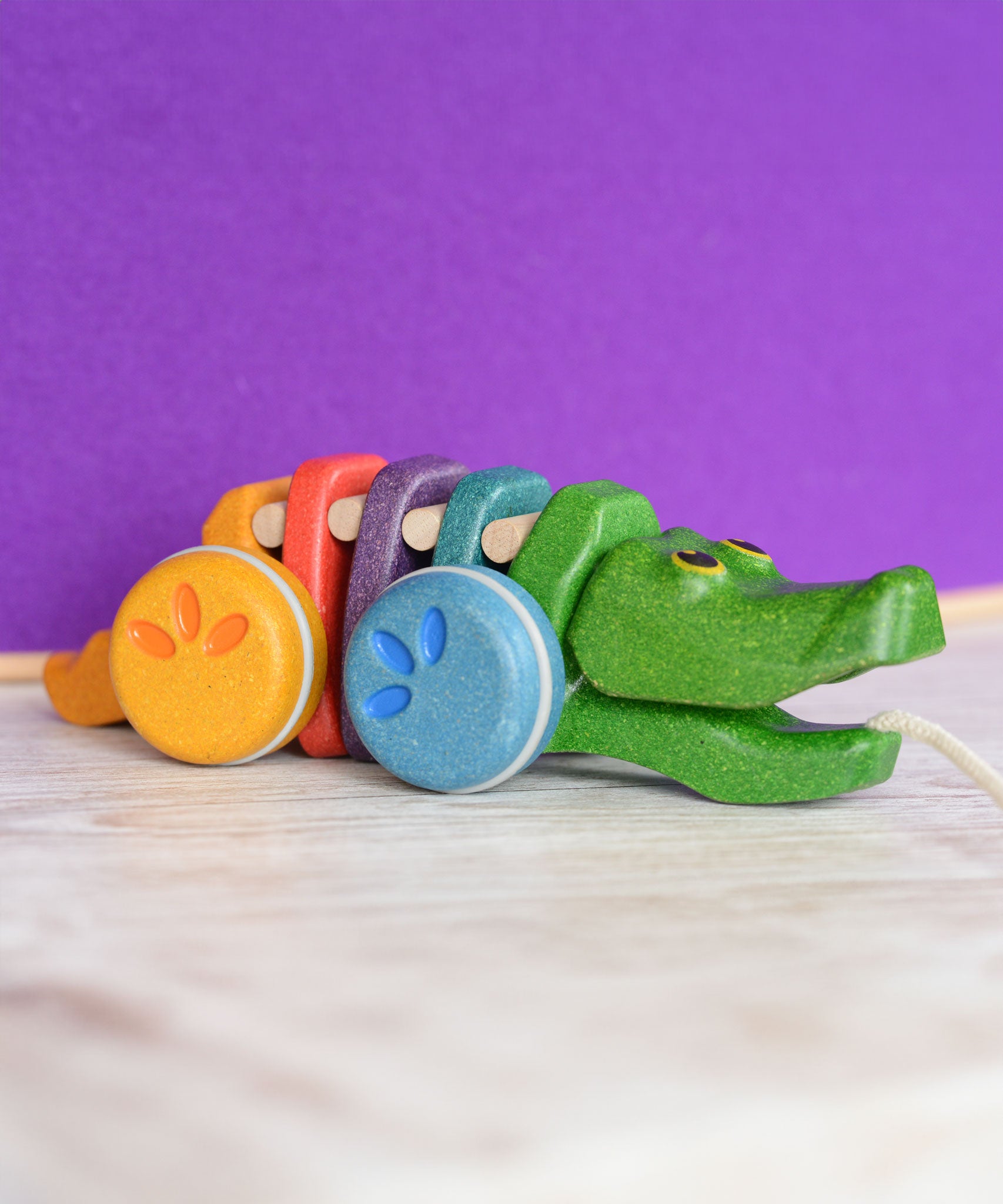 A Plan Toys Rainbow Alligator placed on a wooden surface in front of a purple wall. 