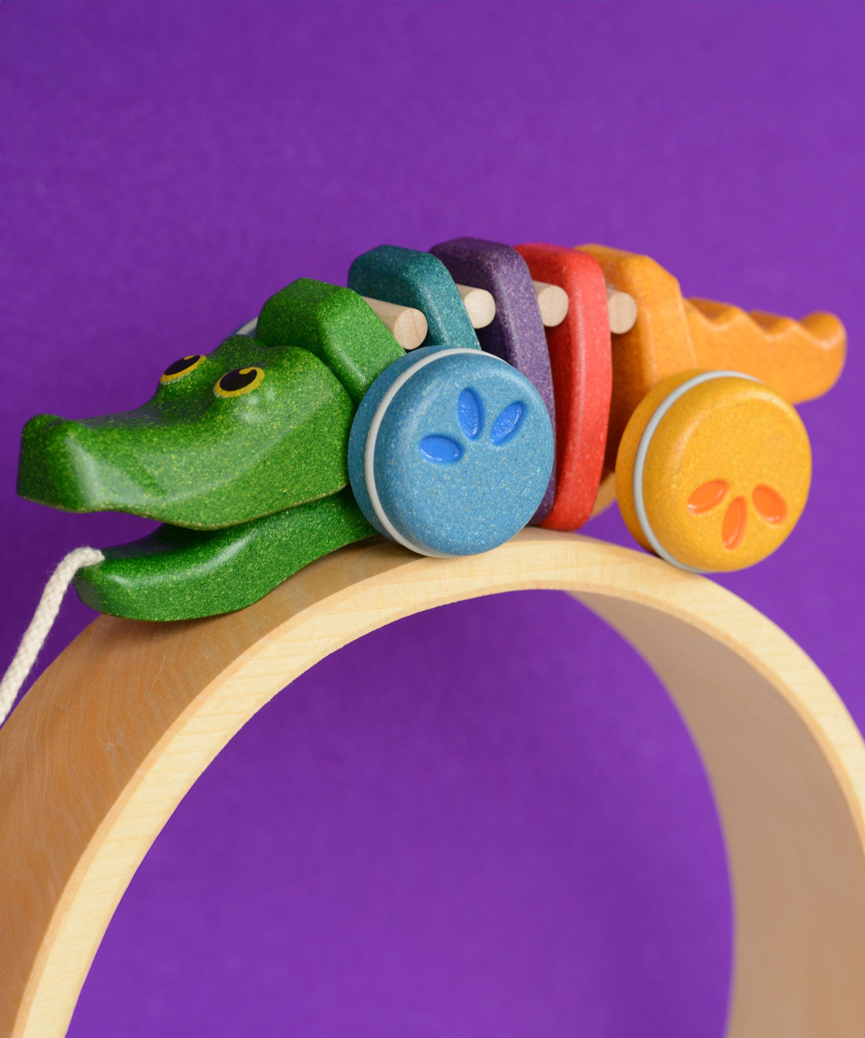 A Plan Toys Rainbow Alligator placed on a natural pieces of a Grimm's rainbow. 