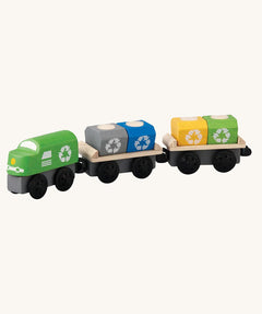 The PlanToys Recycling Train Toy on a plain background. 