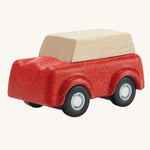 PlanToys Red SUV toy car on a plain background.