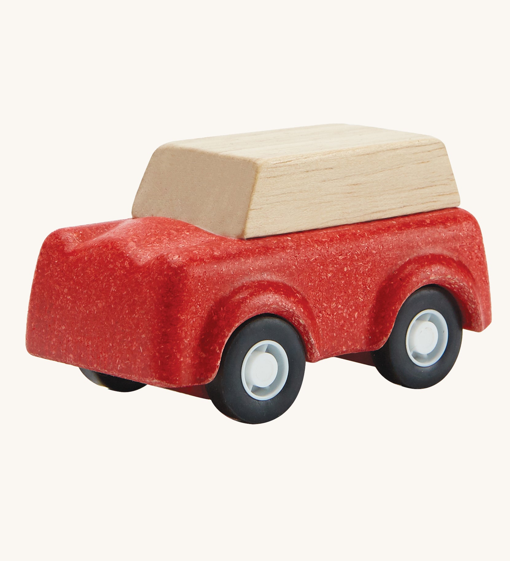 PlanToys Red SUV toy car on a plain background.