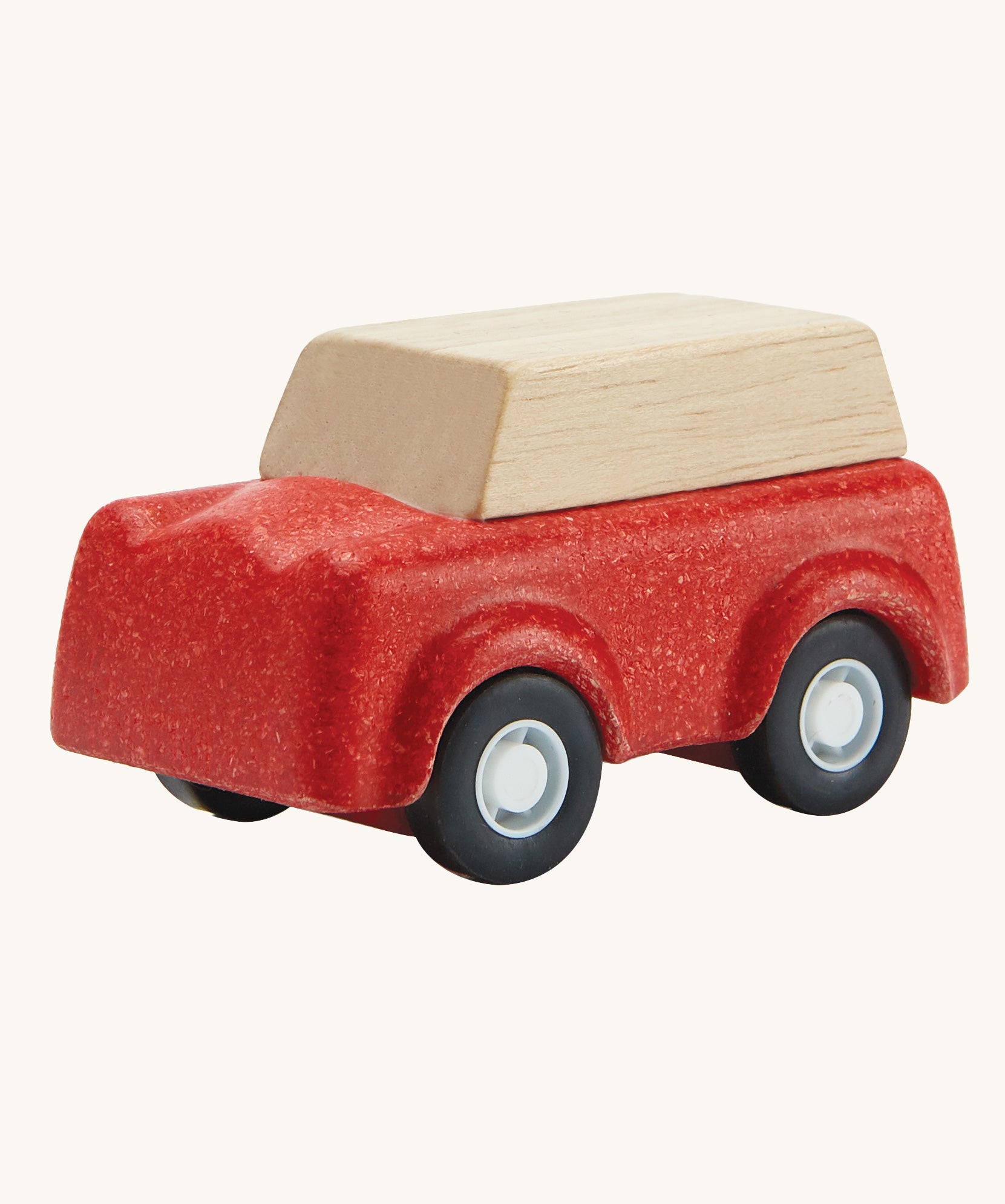 PlanToys Red SUV toy car on a plain background.