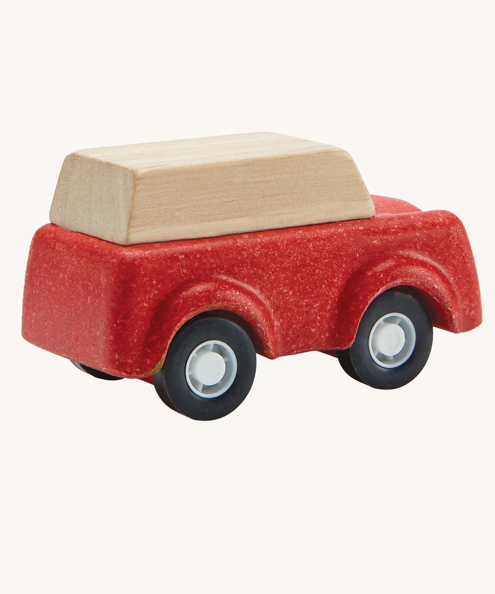 A view of teh back of a PlanToys Red SUV toy car on a plain background.