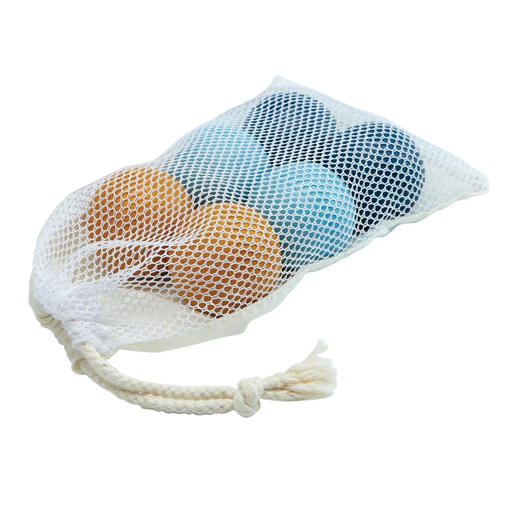 PlanToys eco-friendly wooden bowls game set in their mesh bag on a plain background.