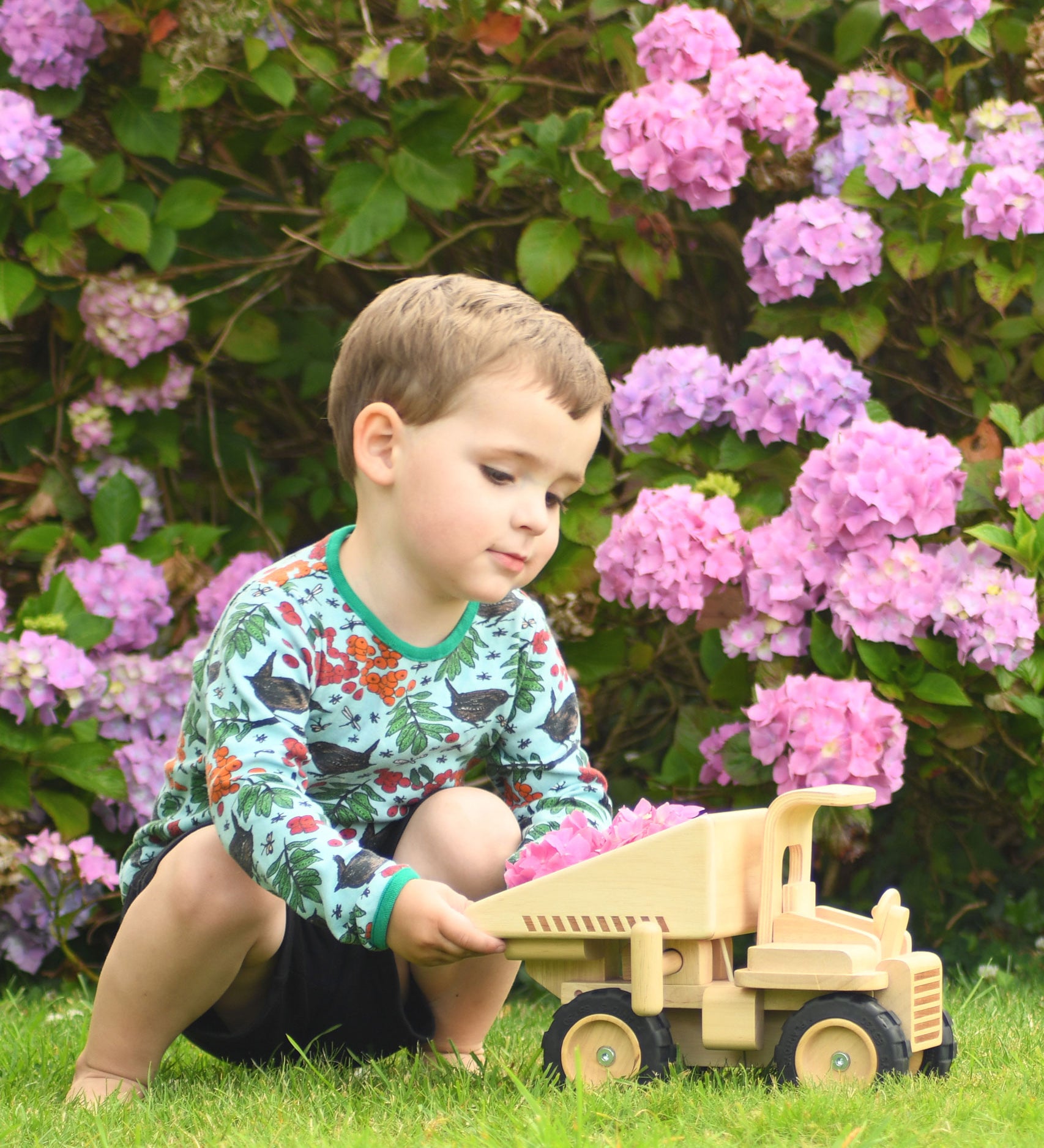 A child playing with the  Plan Toys Special Edition Natural Dump Truck outdoors on grass. There are purple hydrangeas behind them 