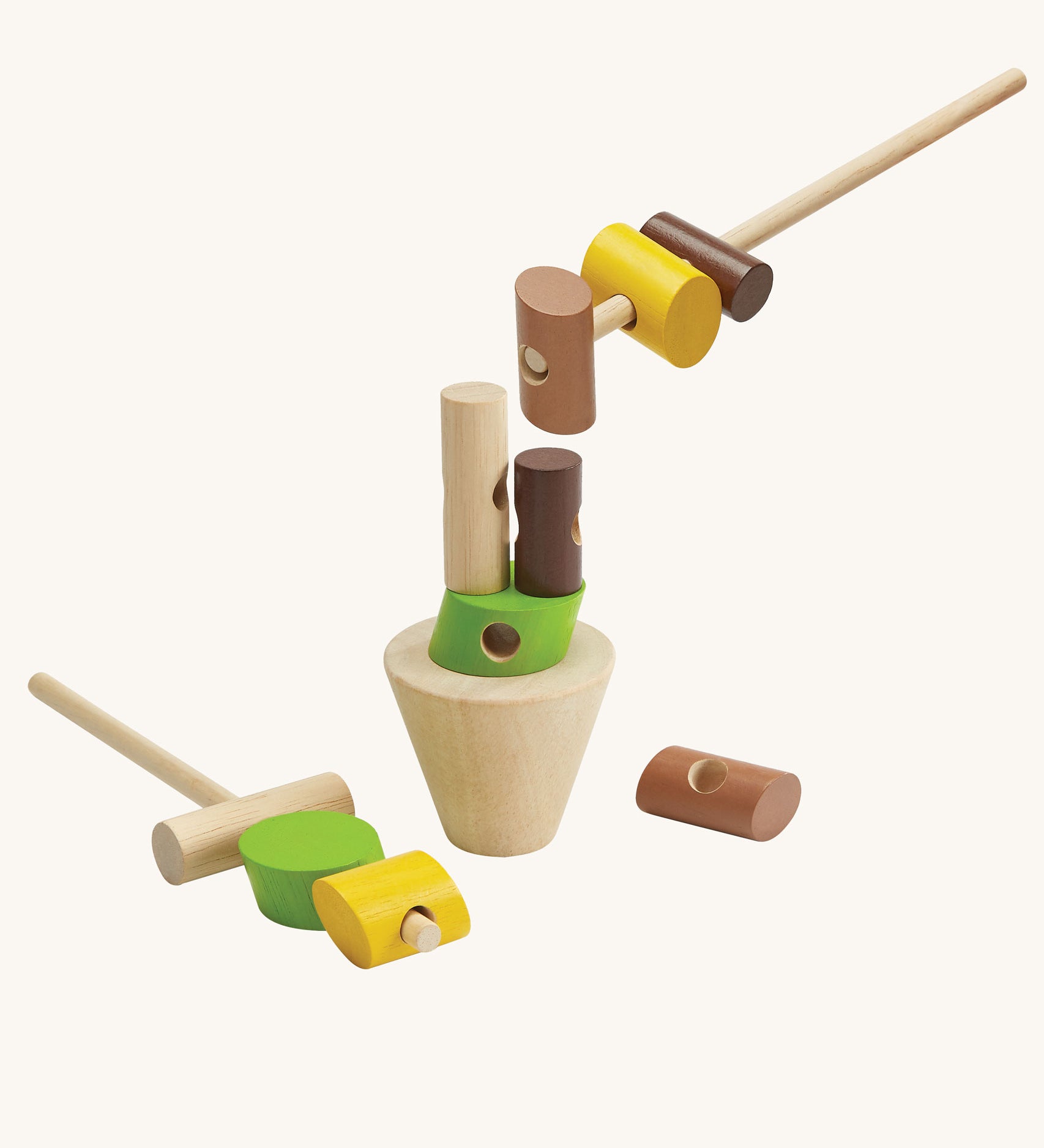 The PlanToys Stacking Logs Game on a plain background, some pieces are on the sticks and some are on the base. 