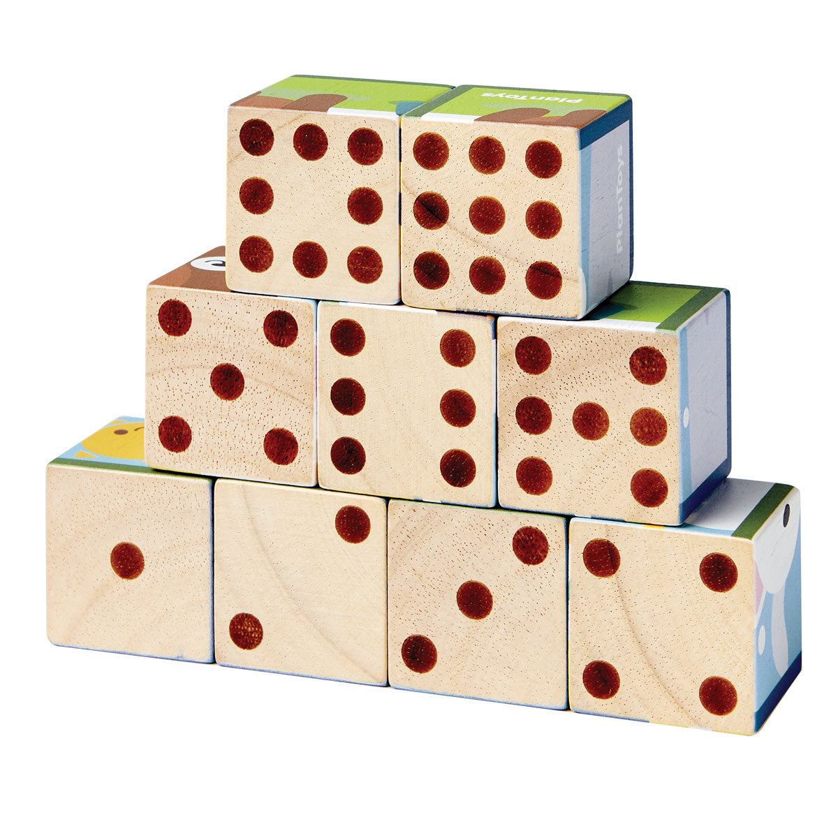 PlanToy plastic-free Waldorf blocks stacked in a pyramid showing the numbers 1-9 on the front