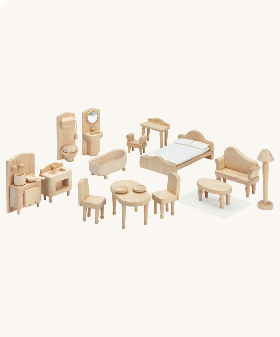 The PlanToys Victorian Dollhouse Furniture Set on a plain background. 