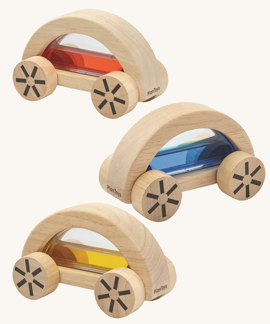 The PlanToys water block cars pictured on a plain background. 