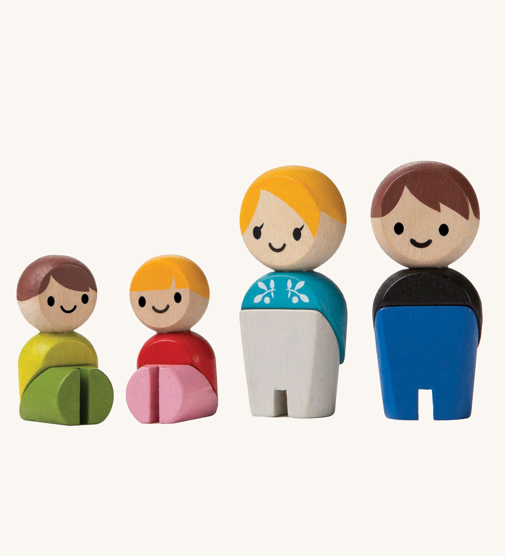 The PlanToys PlanWorld White Skin, Brown and Blonde Hair Family figures on a plain background. 
