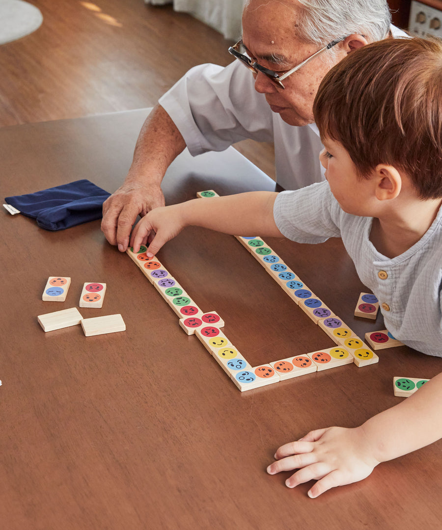 A child with an older man playing with the PlanToys wooden mood dominos game. 