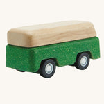 A view of the back of a PlanToys Green Bus on a plain background. 