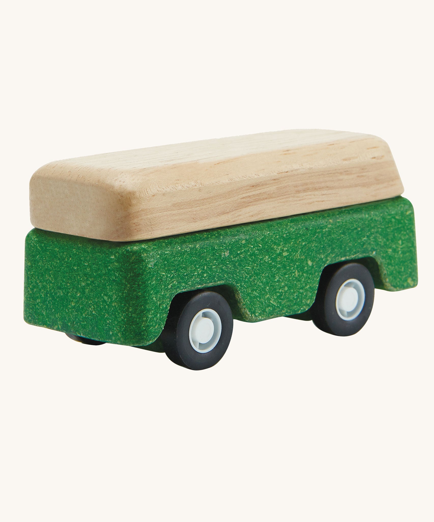 A view of the back of a PlanToys Green Bus on a plain background. 