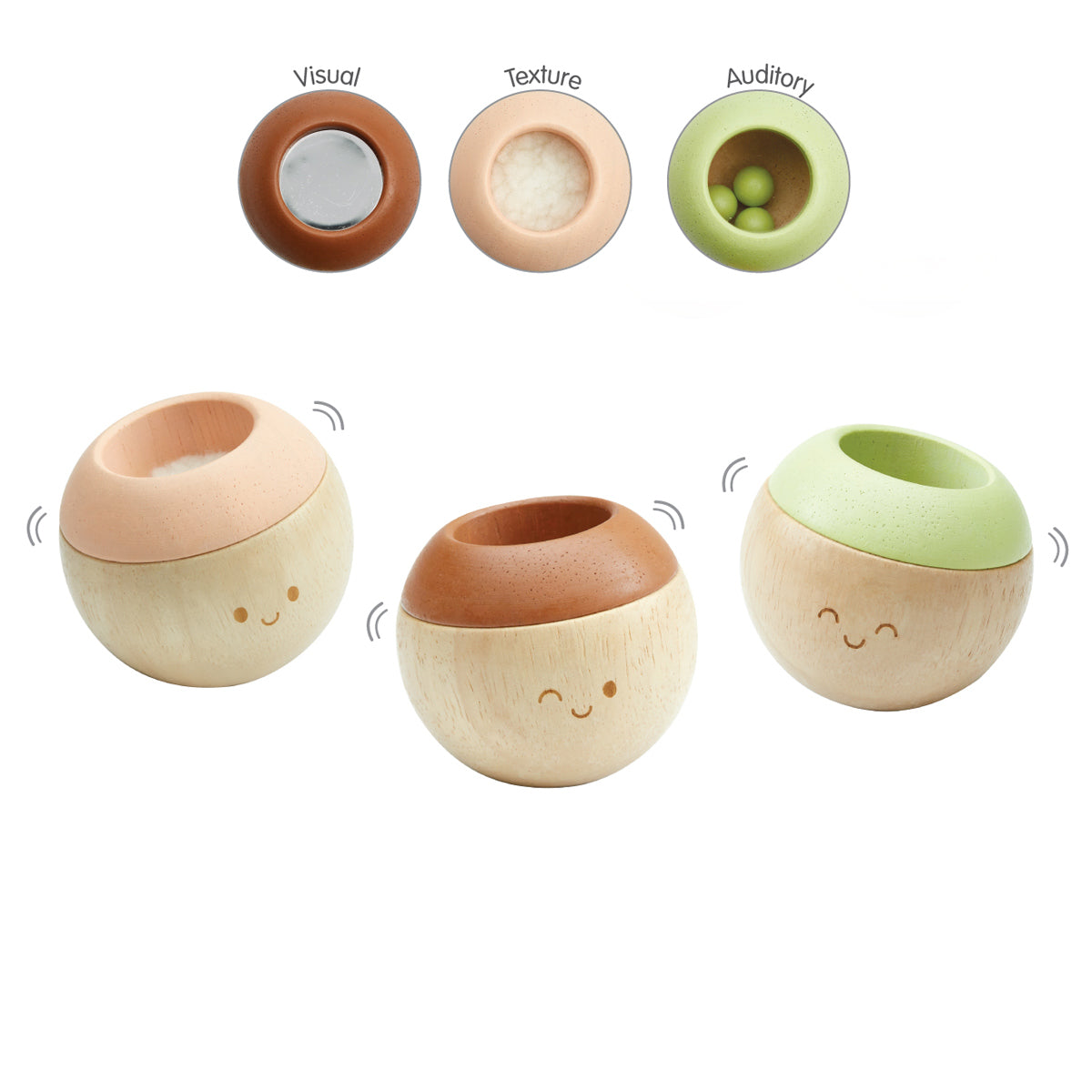 PlanToys wooden sensory tumblers on a white background next to a graphic showing the sensory stimulant inside: visual