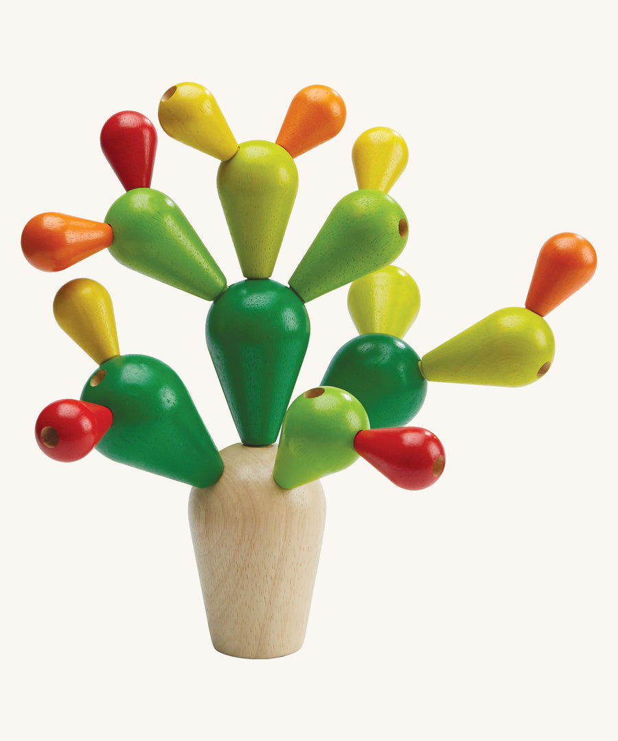 The PlanToys balancing cactus wooden toy on a plain background. 