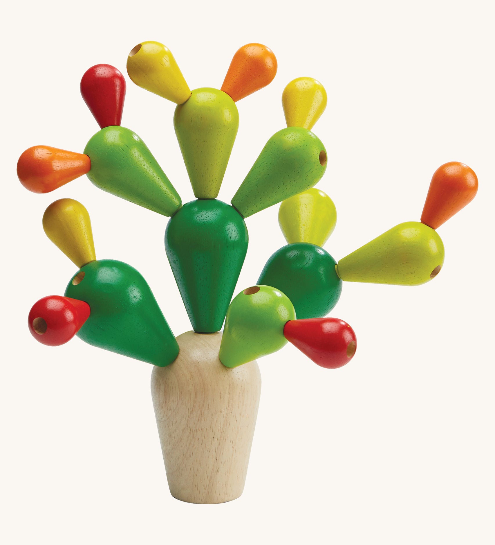 The PlanToys balancing cactus wooden toy on a plain background. 