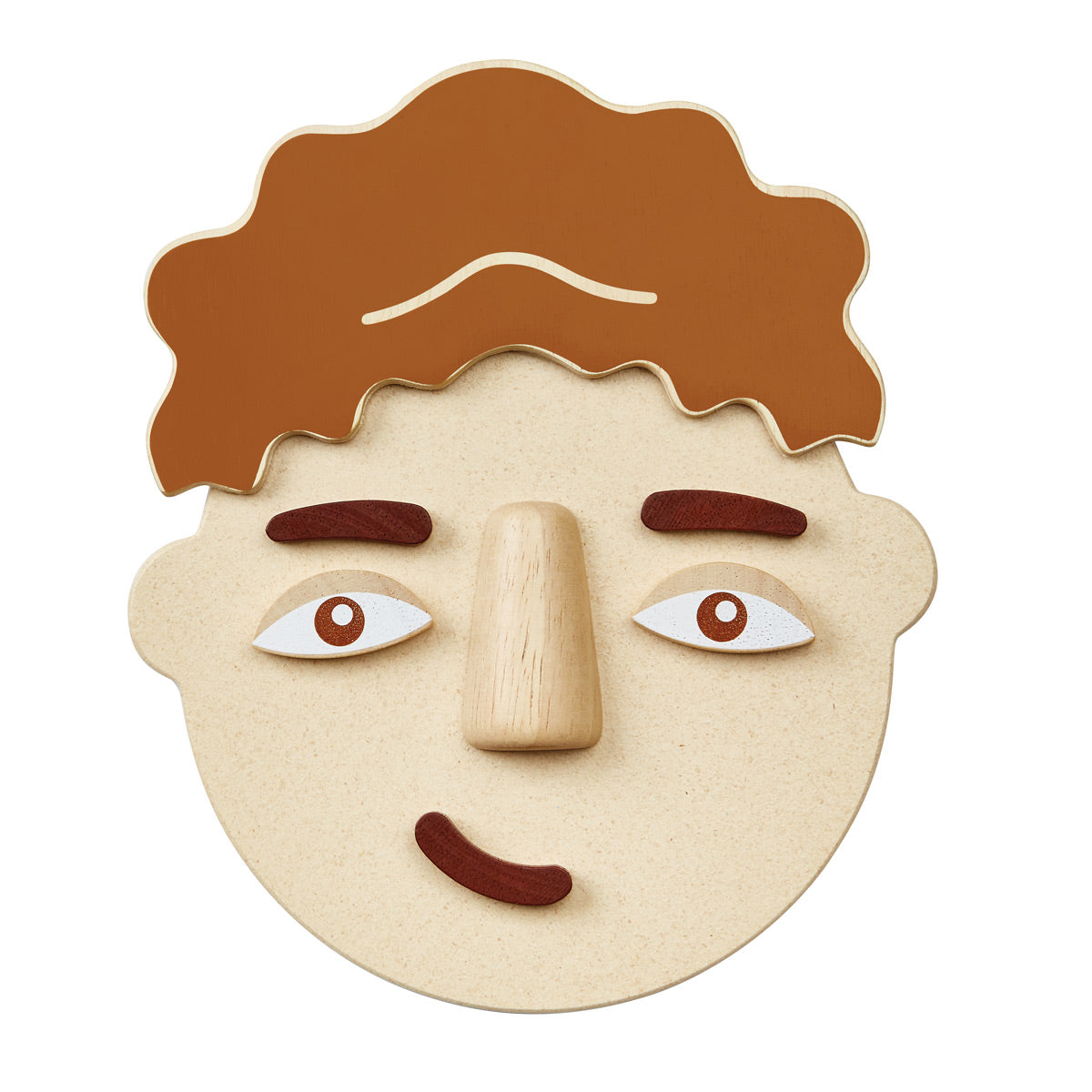 PlanToys build a face wooden toy laid out to look like a smiling boy on a white background