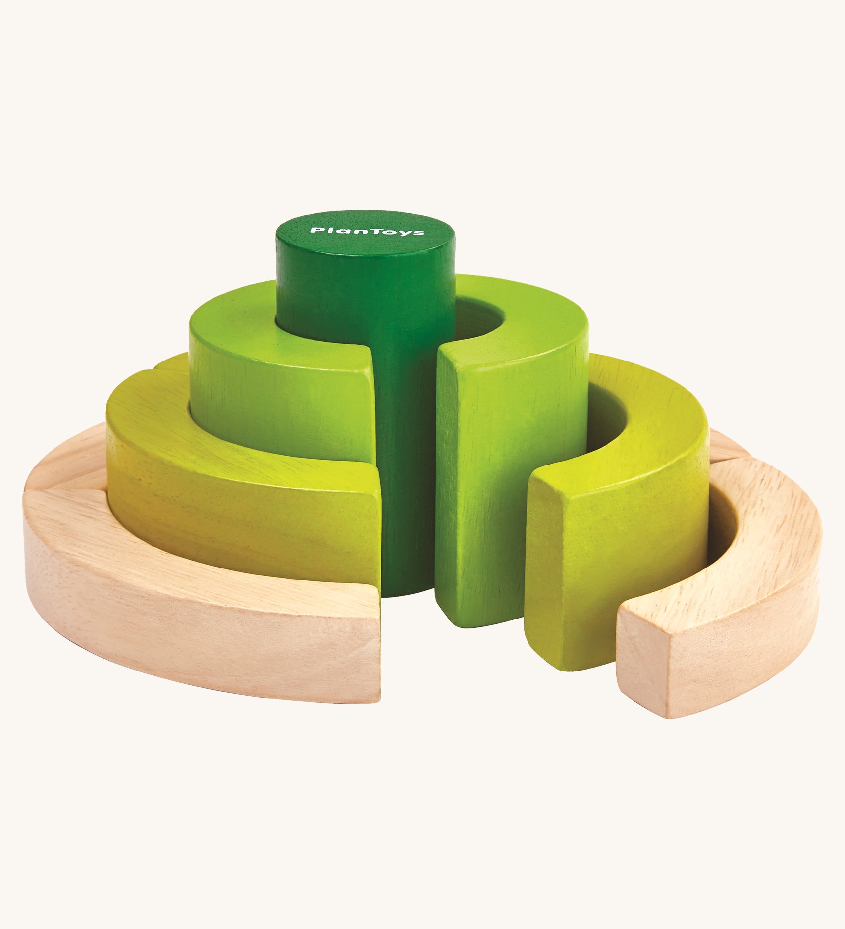 PlanToys Curve Blocks on a plain background. The blocks are pictured out of their packaging. 