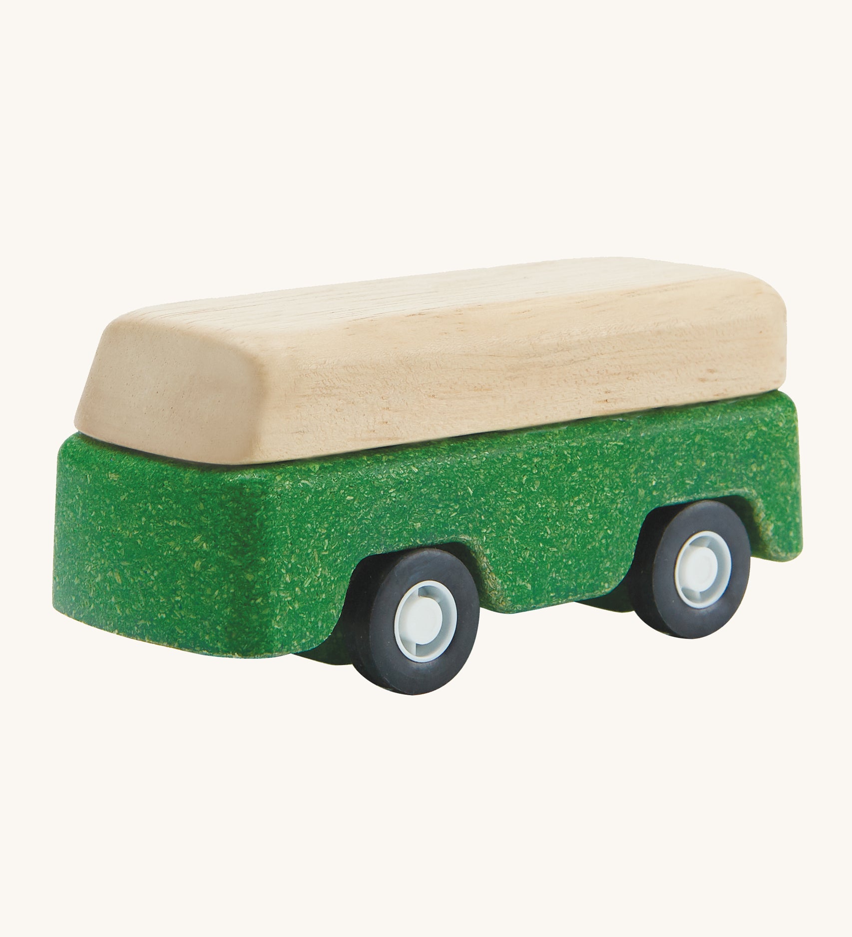 A PlanToys Green Bus on a plain background. 
