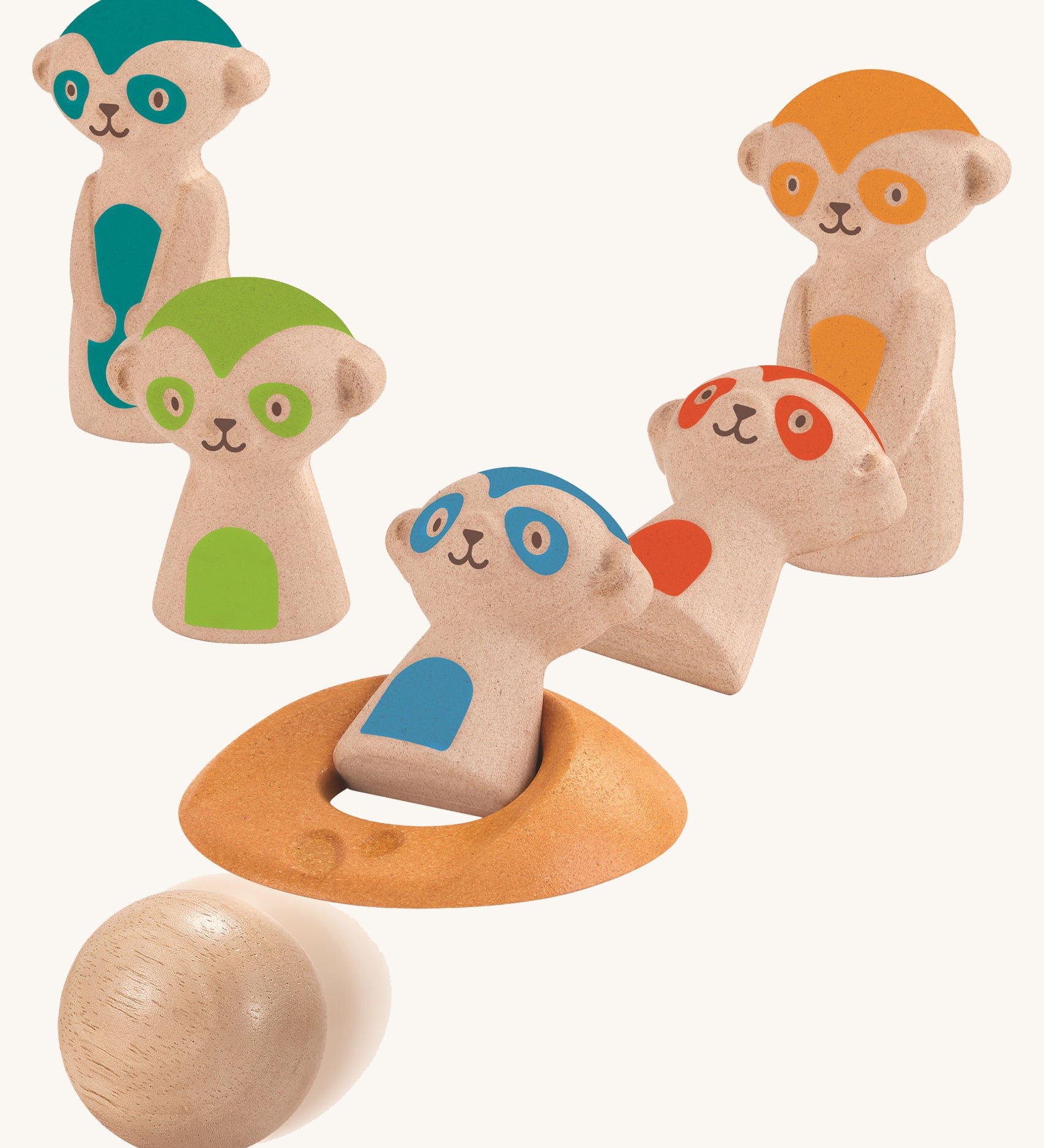 The PlanToys Meerkat Bowling Set on a plain background, the blue and red meerkats have been bowled over. 