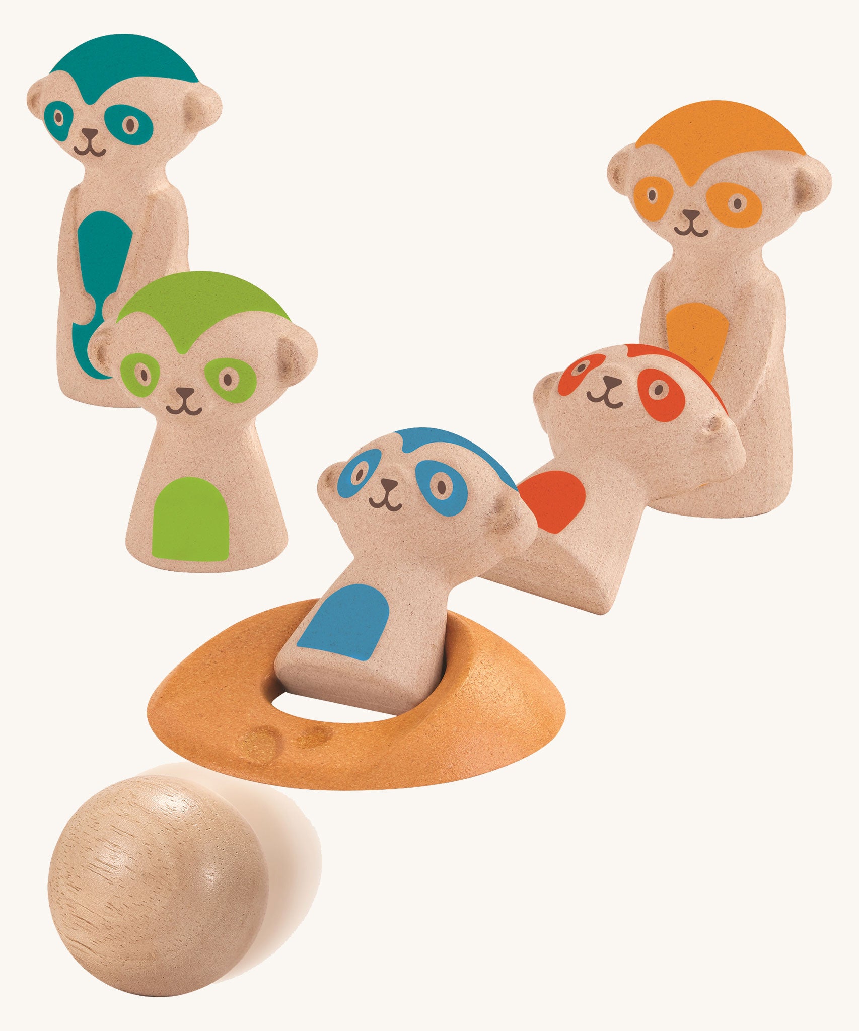 The PlanToys Meerkat Bowling Set on a plain background, the blue and red meerkats have been bowled over. 