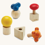 PlanToys Wooden Nuts & Bolts set on a plain background. 