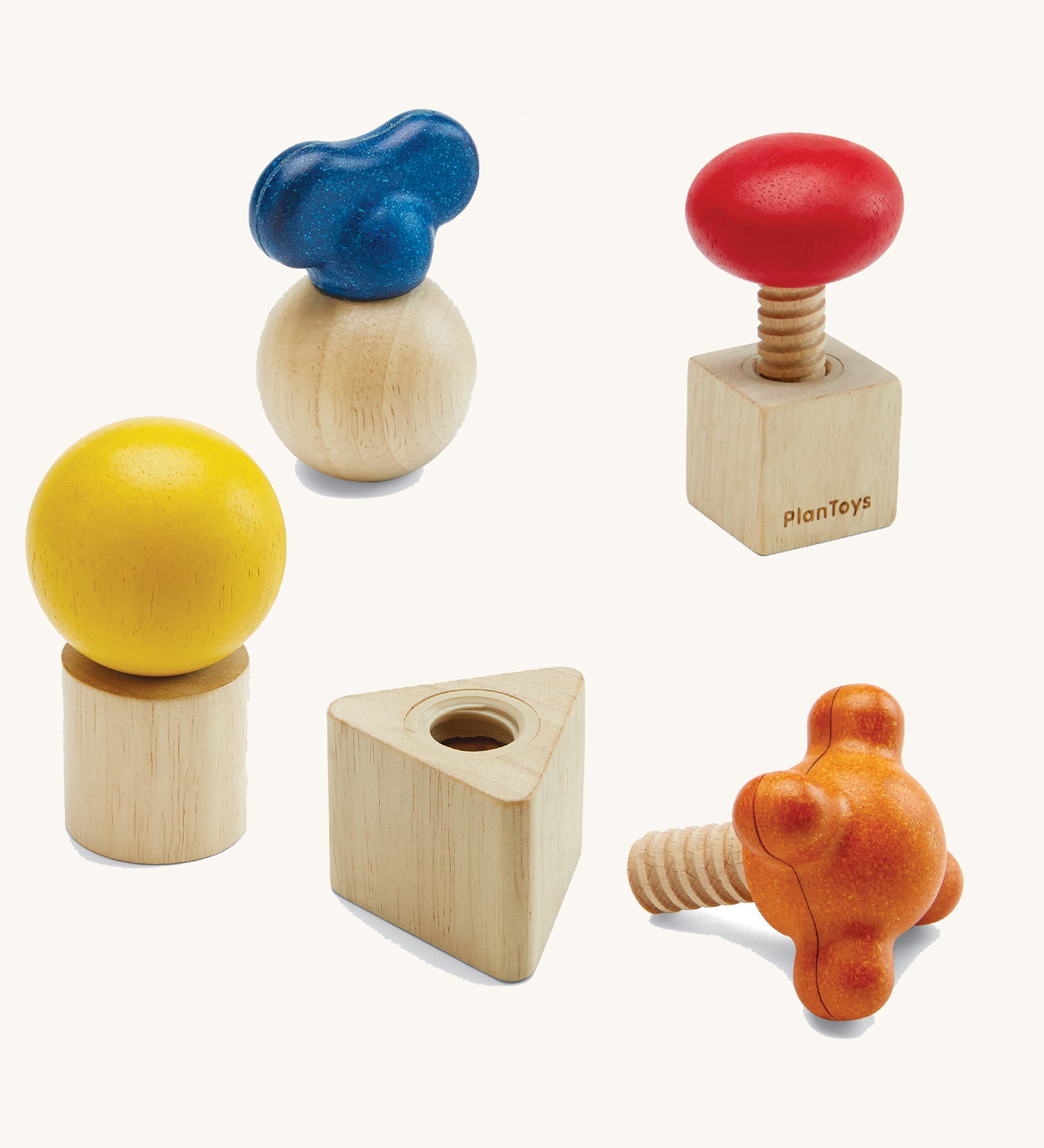 PlanToys Wooden Nuts & Bolts set on a plain background. 