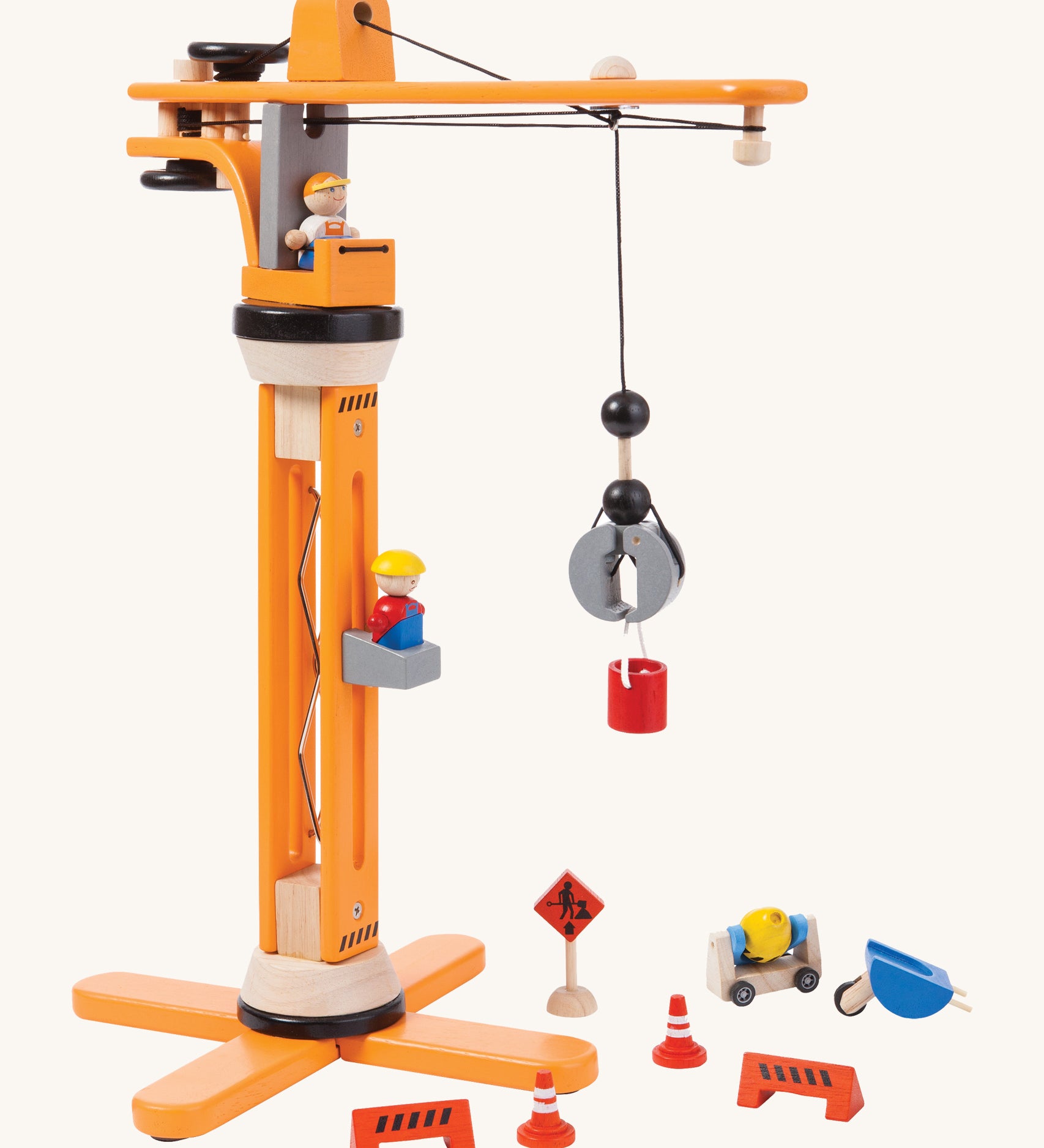 The PlanToys PlanWorld Crane Set  on a plain background. 
