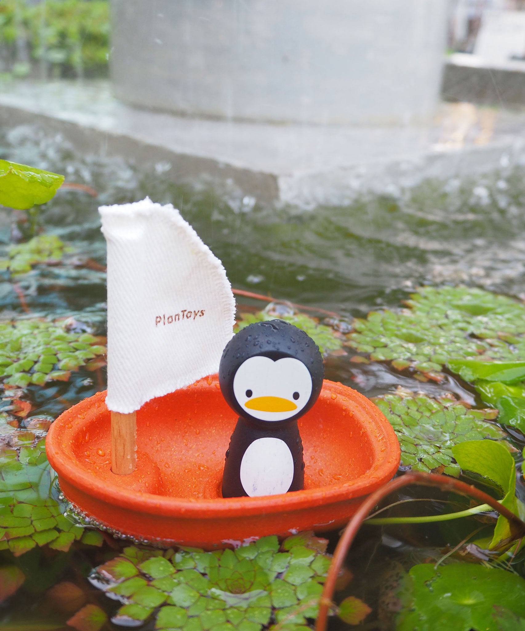 A PlanToys Penguin Sailing Boat on a pond. 