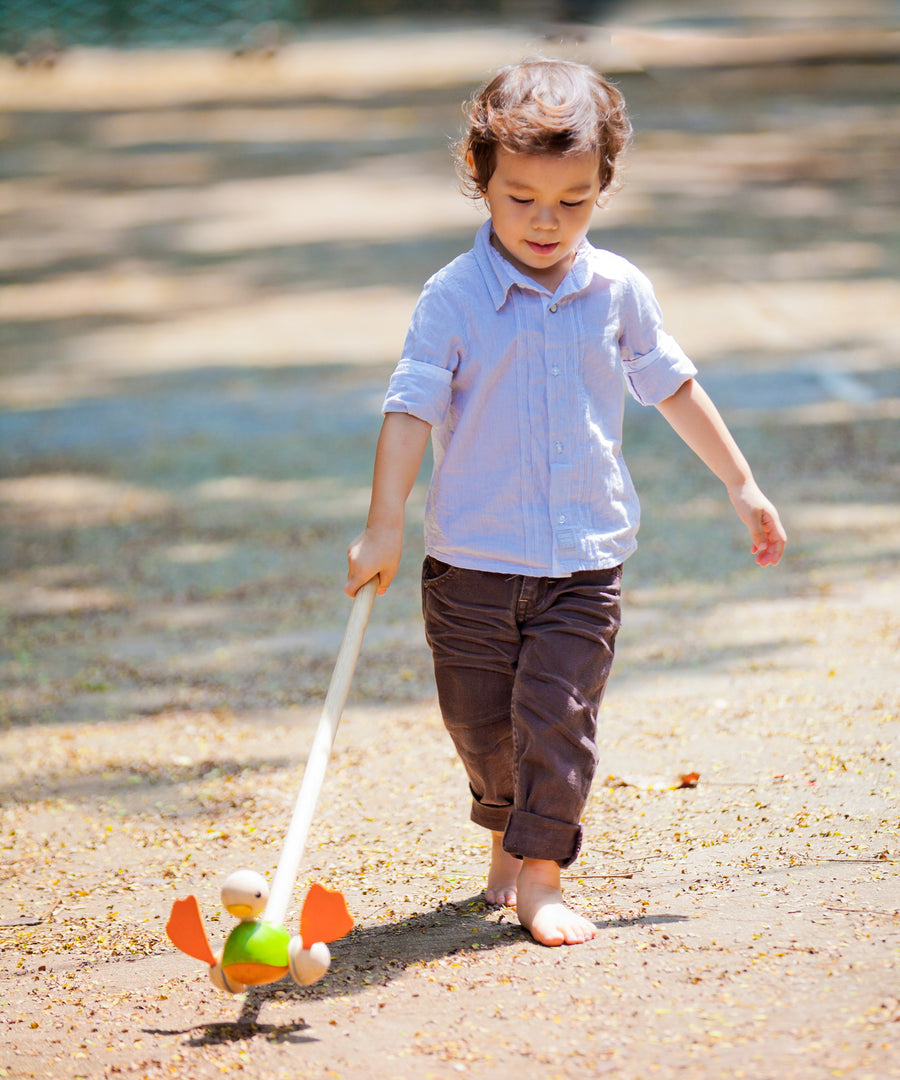 A child playing with the PlanToys Push Along Duck outdoors. 