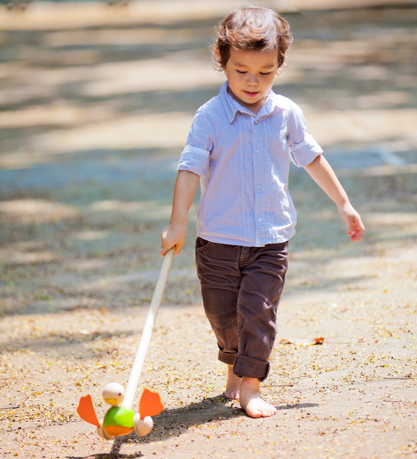 A child playing with the PlanToys Push Along Duck outdoors. 