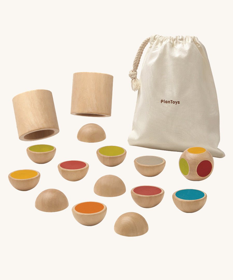 PlanToys Wooden shake and flip game pictured on a plain background. The pieces of the game are next to a small canvas storage bag. 