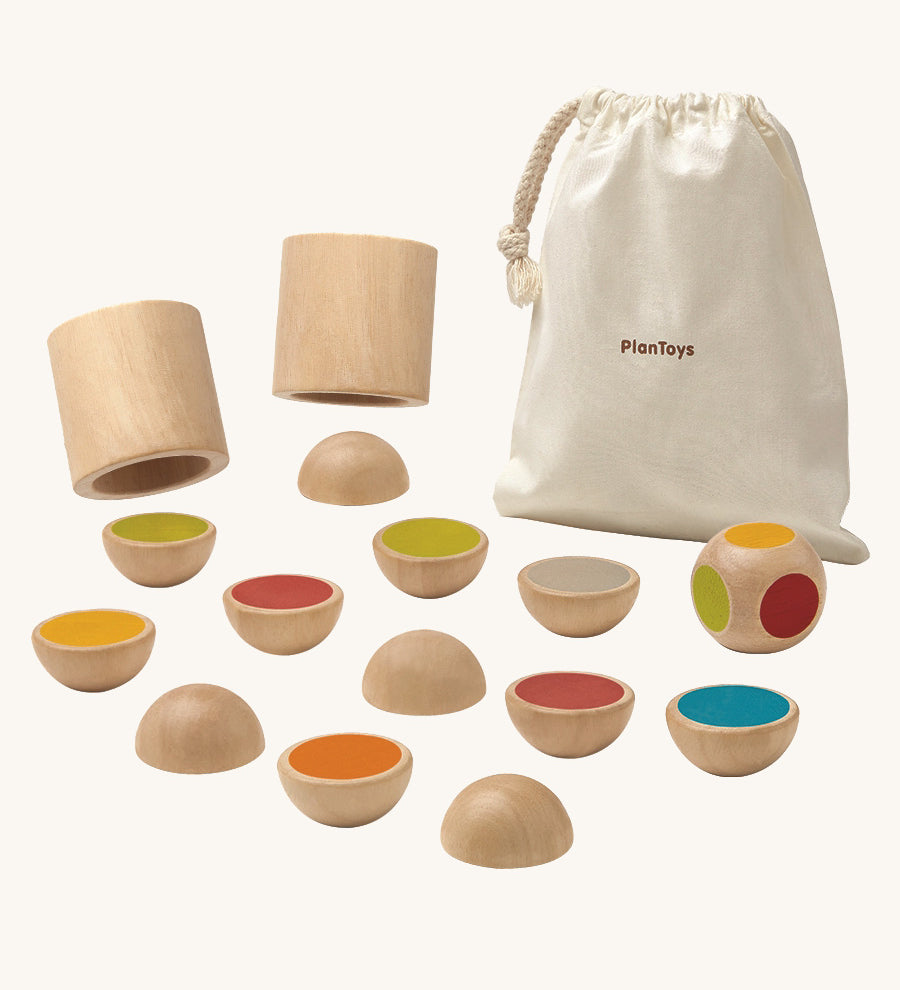 PlanToys Wooden shake and flip game pictured on a plain background. The pieces of the game are next to a small canvas storage bag. 