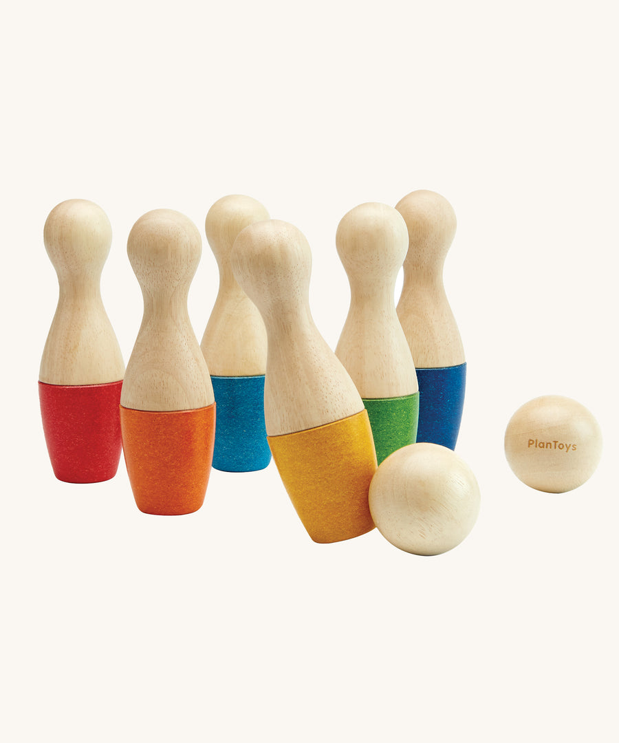 The PlanToys Bowling Set on a plain background. 
