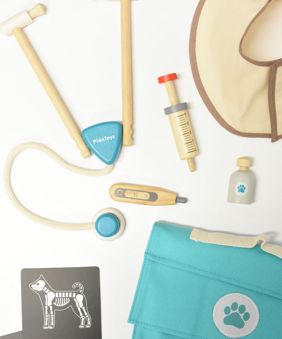 A simple flatlay on a white surface with all the pieces from the Plan Toys Play Vet Set. 