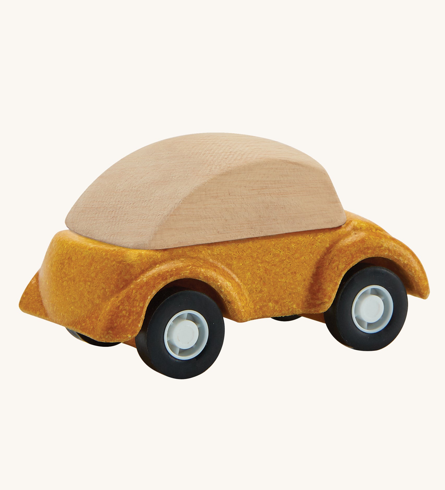 A view of the back of a PlanToys Yellow Car on a plain background. 