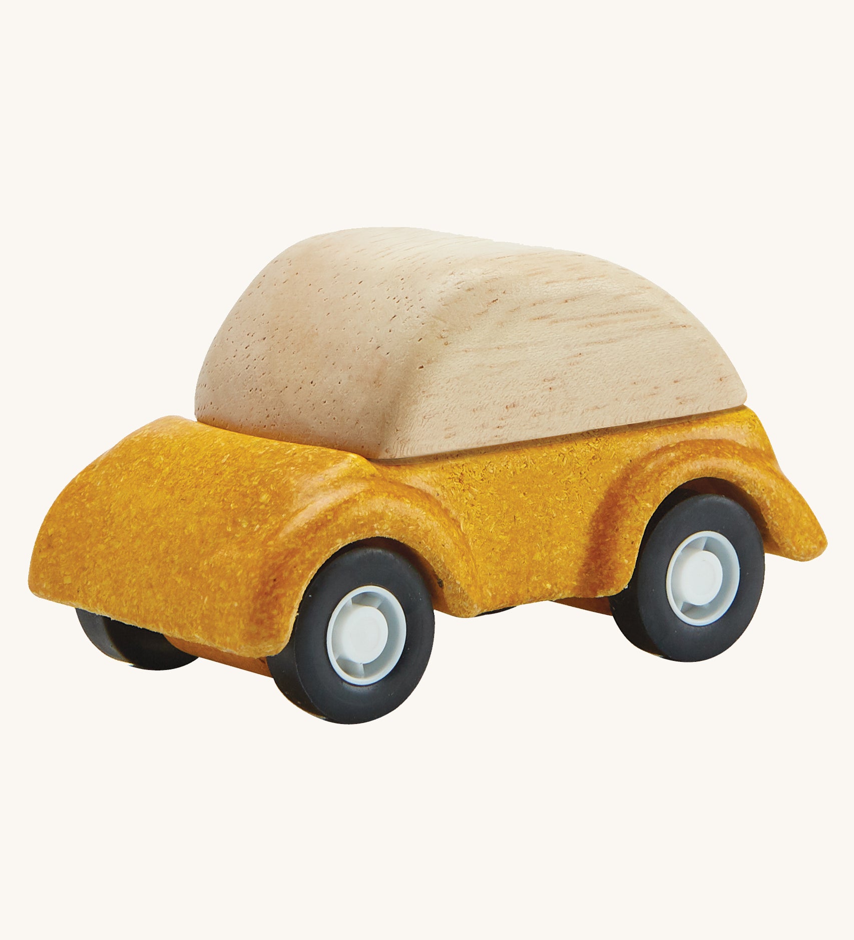 A PlanToys Yellow Car on a plain background. 
