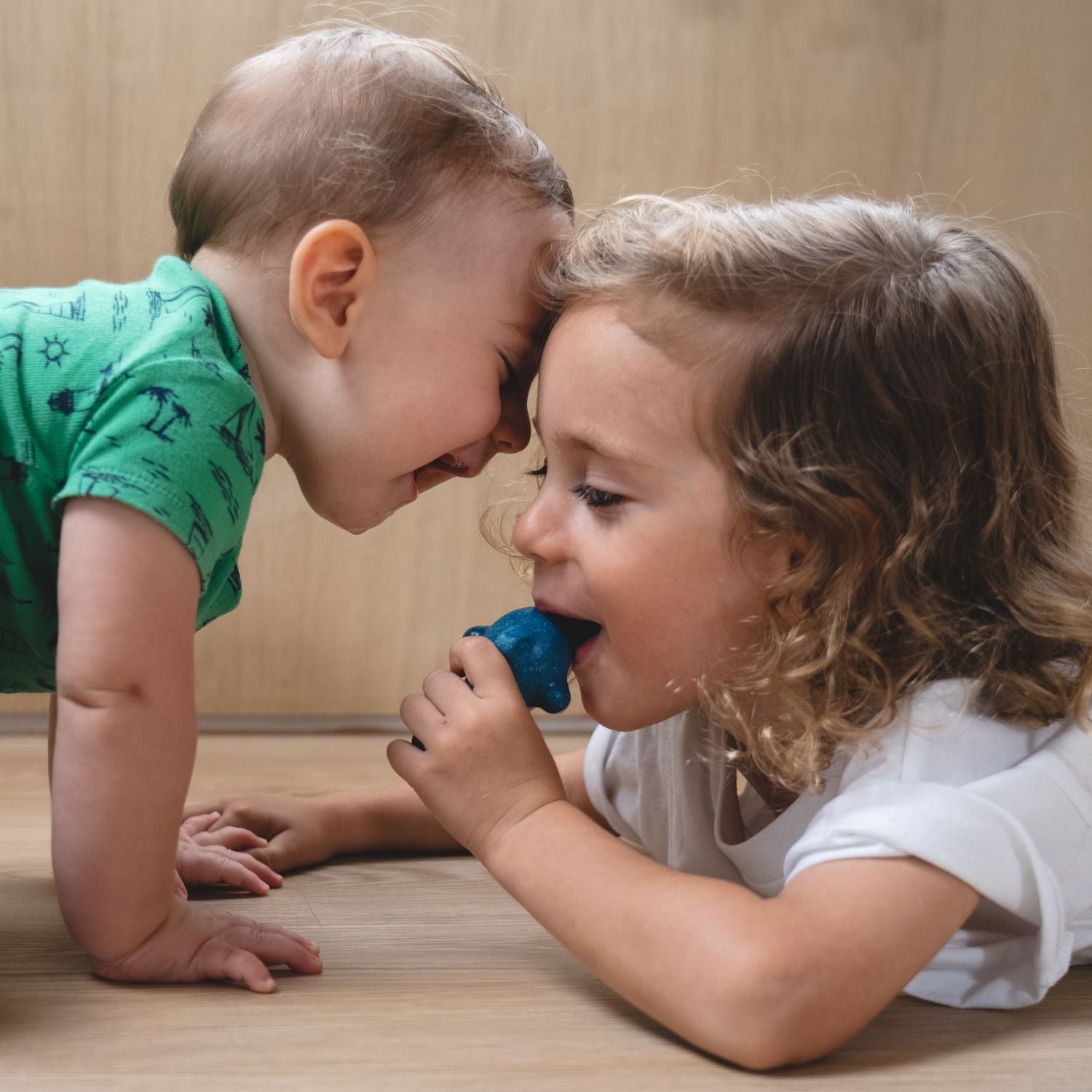 A baby and young child playing together with the PlanToys Wooden Dolphin Whistle Toy