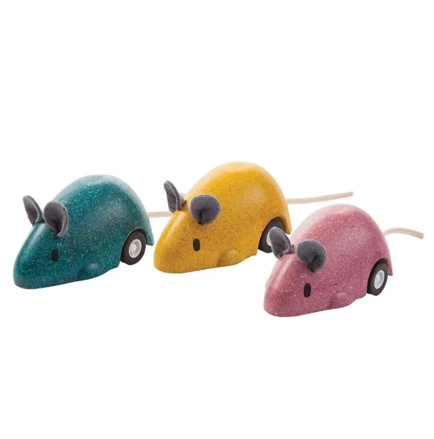 PlanToys Wooden Pull-Back Mouse Toy in blue