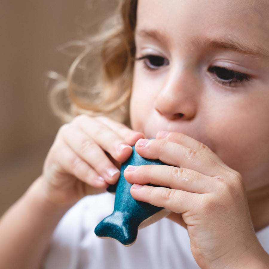 Child blowing through the PlanToys Wooden Whale Whistle Toy