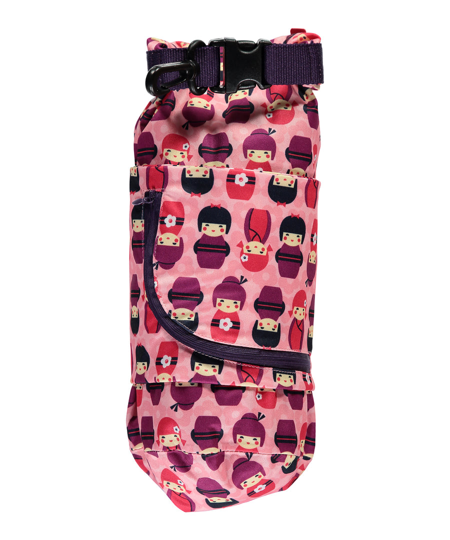 Close Pop-in Kokeshi Doll Stuff Sack, in light pink with a Kokeshi Doll print, and deep purple trim. On a white background