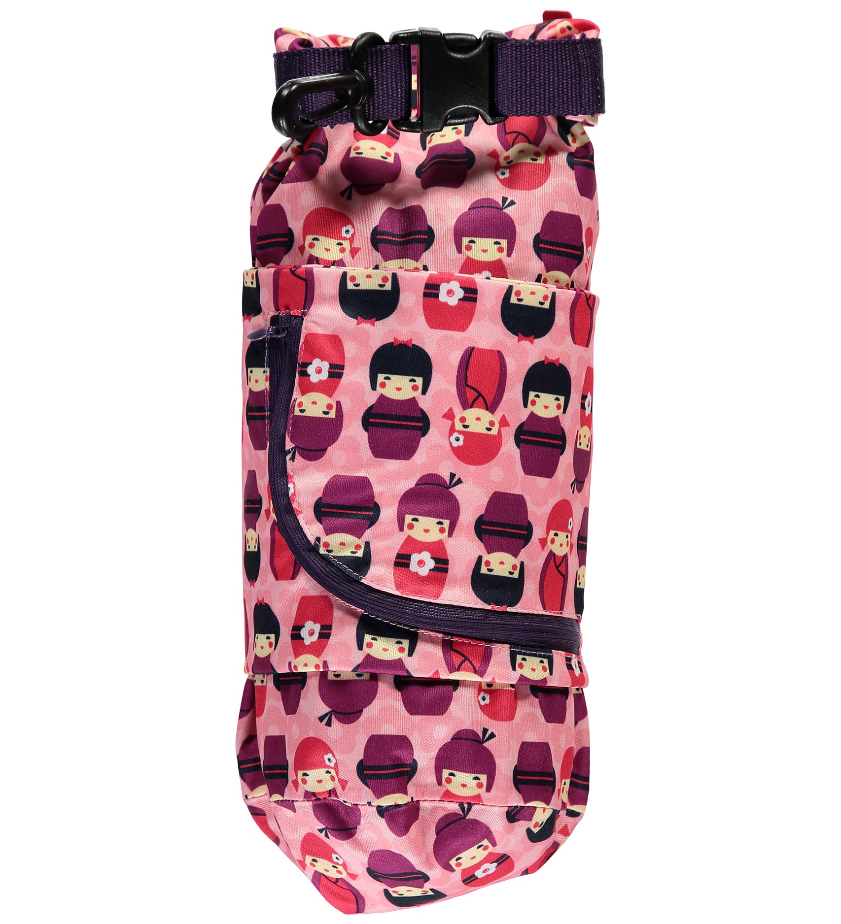 Close Pop-in Kokeshi Doll Stuff Sack, in light pink with a Kokeshi Doll print, and deep purple trim. On a white background